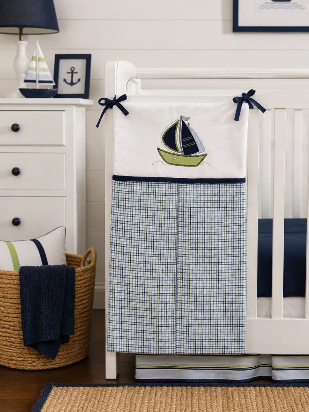 Nautica Kids Zachary Blue Green Plaid Sailboat Diaper Stacker Nursery NIP